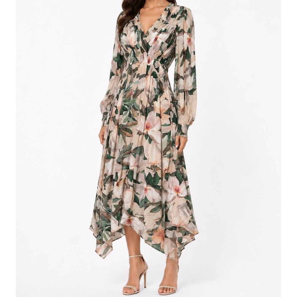 AllSaints Floral Handkerchief Hem Midi Dress Long Sleeve Size 6 Wedding Guest‎